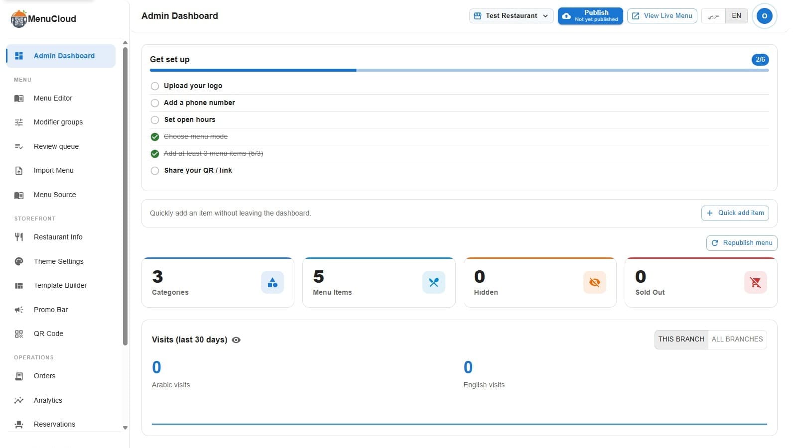 The menu-MENA Admin Dashboard for Test Restaurant, showing a Publish button reading Not yet published, a Get set up checklist at 2 of 6 complete, stat tiles for Categories, Menu Items, Hidden and Sold Out all at low numbers, and a Visits (last 30 days) panel showing zero Arabic and English visits
