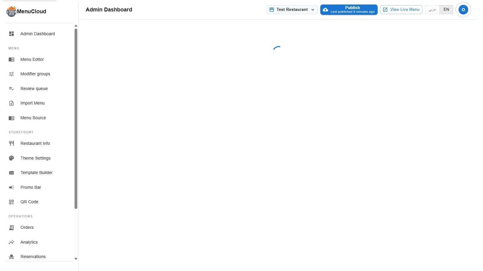 الشريط الجانبي للوحة تحكم menu-MENA مفتوح على قسم Storefront، وصفحة Custom Domain لسه بتحمّل بعد اختيار Test Restaurant