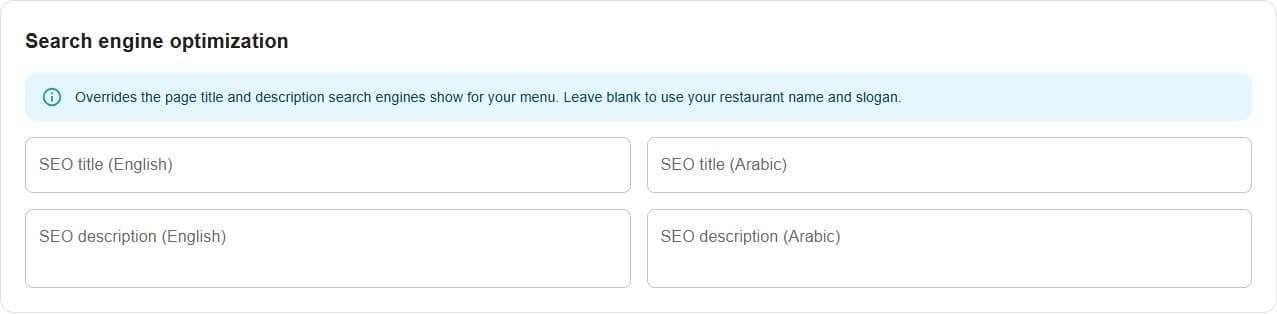 لوحة تحكم menu-MENA، صفحة Restaurant info نازلة لقسم تحسين محركات البحث (SEO)، وظاهر فيها حقول عنوان ووصف الـ SEO بالإنجليزي والعربي