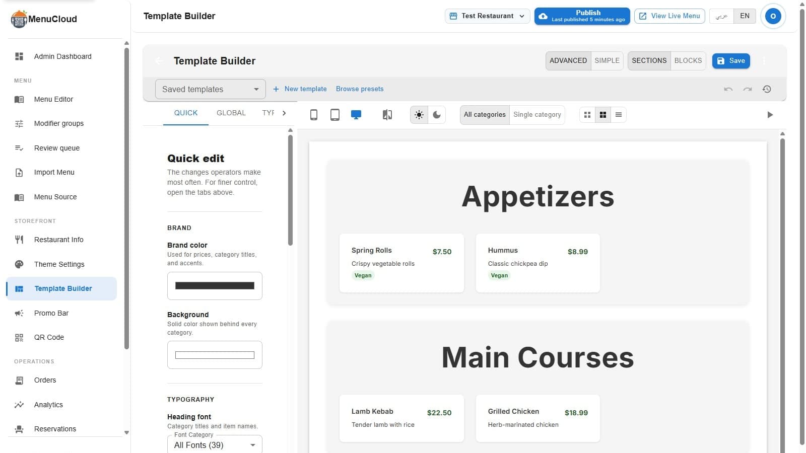 The menu-MENA Template Builder in Quick edit mode, showing brand color and background swatches, a heading font dropdown, and a live preview of Appetizers and Main Courses categories with sample items and prices