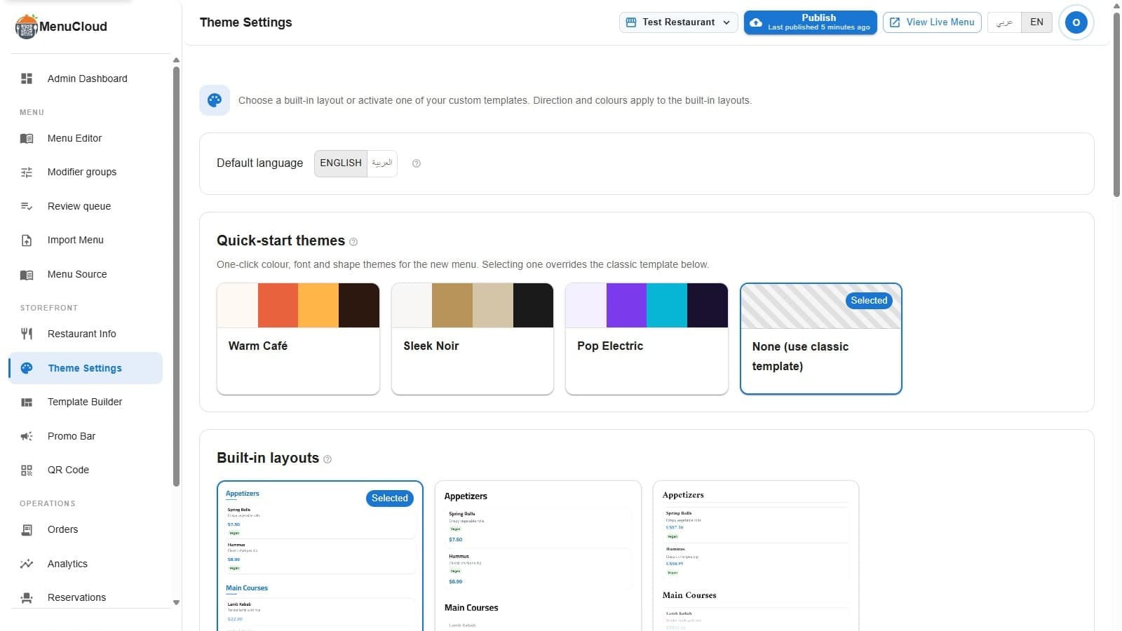 صفحة Theme Settings في لوحة تحكم menu-MENA: مفتاح تبديل اللغة الافتراضية، وتلات كروت ثيمات جاهزة اسمهم Warm Café وSleek Noir وPop Electric جنب كارت 'None' المختار، وتحتهم صور مصغّرة للتصميمات الجاهزة