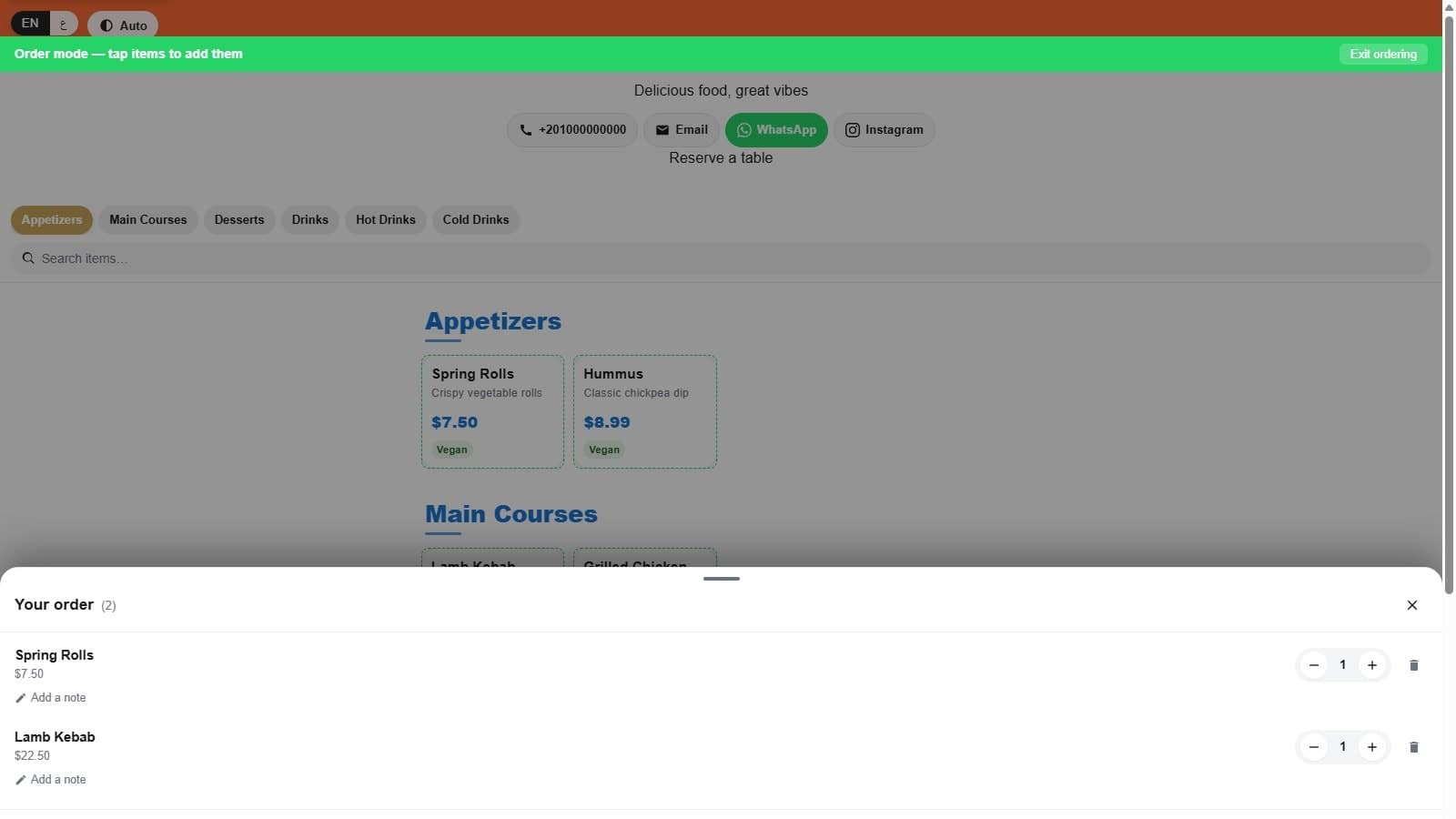 The order drawer open over a restaurant's menu page, showing 'Your order (2)' with two added items, each with a quantity stepper and an 'Add a note' link